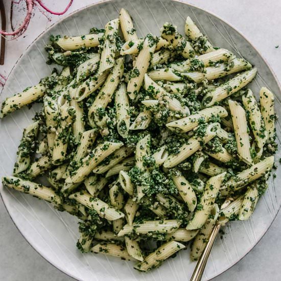 Beet Greens Pesto Pasta - Recipe photo by forkintheroad