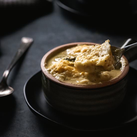 Vegan Broccoli Cheese Dumpling Soup - Recipe photo by Liv Vegan Strong