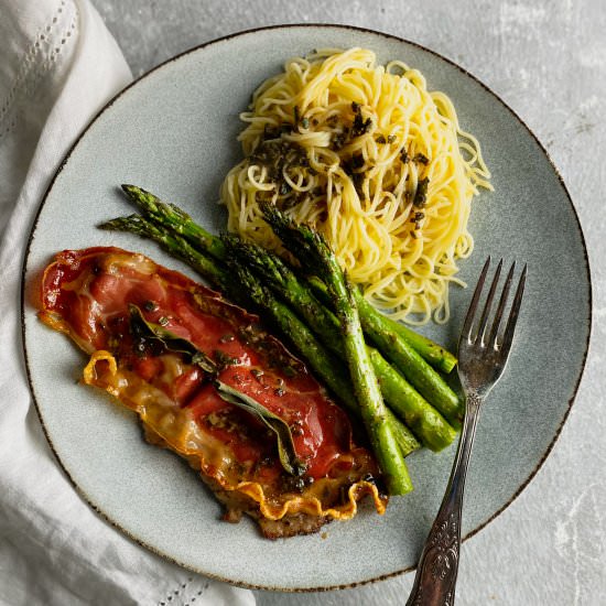 Veal Saltimbocca, Asparagus & Pasta - Recipe photo by Theperksofbeingus