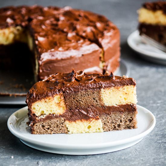 Checkerboard Cake & Fudge Frosting - Recipe photo by The Desserted Girl