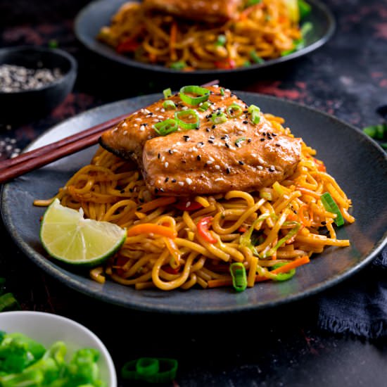 Asian Salmon + Chilli Lime Noodles - Recipe photo by KitchenSanctuary