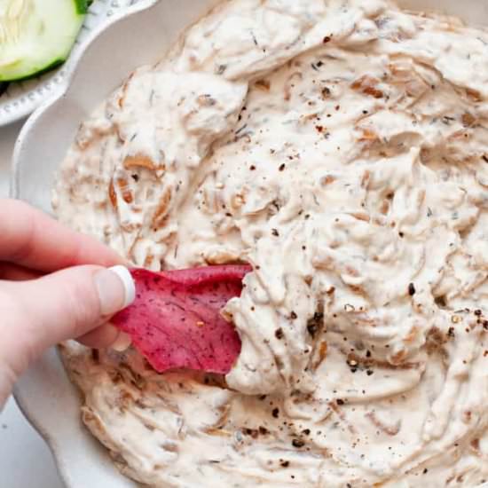 Healthy French Onion Dip - Recipe photo by erinliveswhole