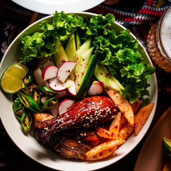 Lacquered Sesame Chicken Bowls - Recipe photo by rhubarbandcod
