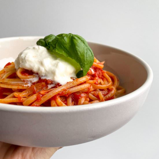 Pasta tomato and stracciatella - Recipe photo by lessbuttermoreoil