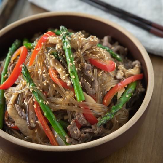 Japcahe with Asparagus and Mushroom - Recipe photo by beyondkimchee