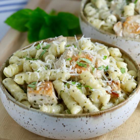 Chicken Pesto Pasta Alfredo - Recipe photo by Grits and Pinecones