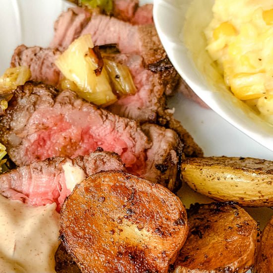 Cajun Steak & Grilled Patatas Brava - Recipe photo by NotEntirelyAverage