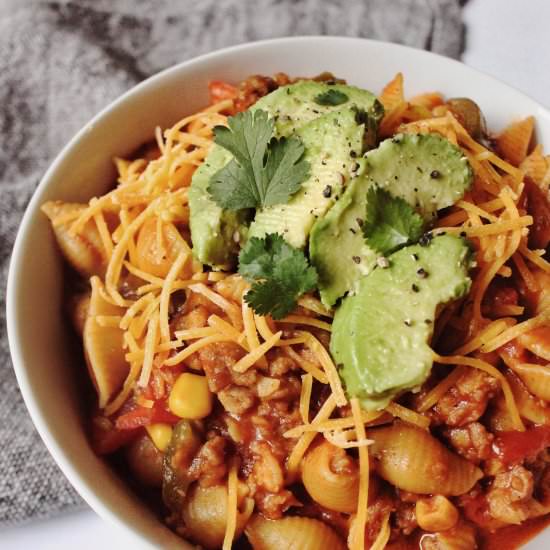Plant-Based One Pot Taco Pasta - Recipe photo by HungryBlonde