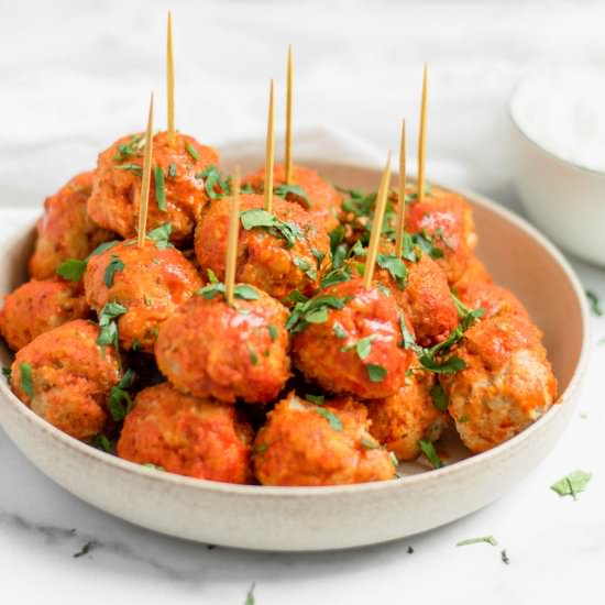 Buffalo Turkey Meatballs - Recipe photo by Sarah Gold Nutrition