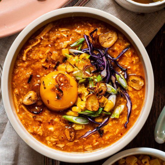 Gochujang Congee with Shredded Tofu - Recipe photo by rhubarbandcod