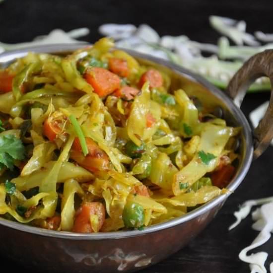 cabbage carrots and green peas prep - Recipe photo by ChezShuchi