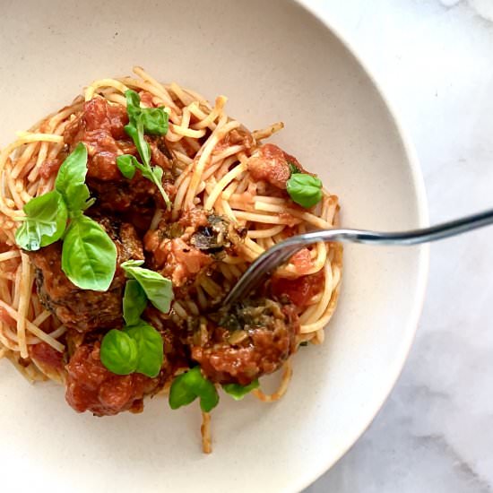 plant-based eggplant “meatballs" - Recipe photo by Jackie Newgent
