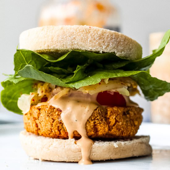 Spicy Tofu Almond Burgers - Recipe photo by upbeetkitchen