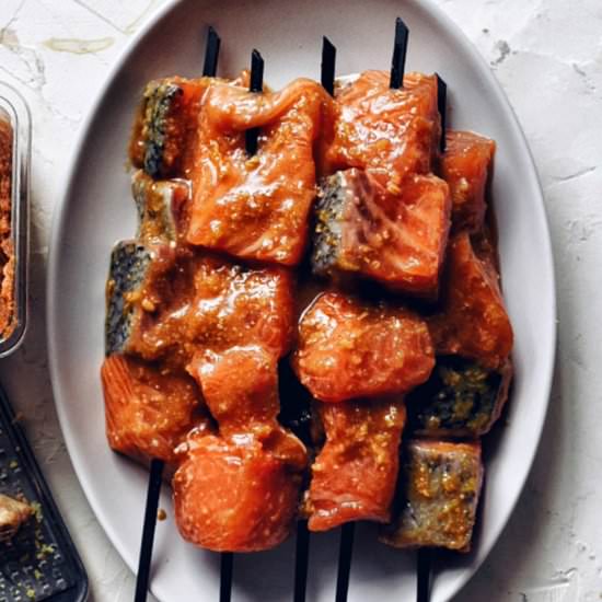 Miso Glazed Salmon Skewers - Recipe photo by thesubversivetable