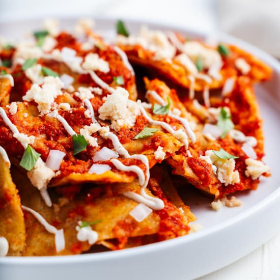 Chilaquiles Rojos Recipe (Vegan) - Recipe photo by brokebankvegan