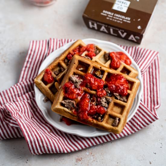 Tahini Waffles w Strawberry Compote - Recipe photo by leisurefanclub
