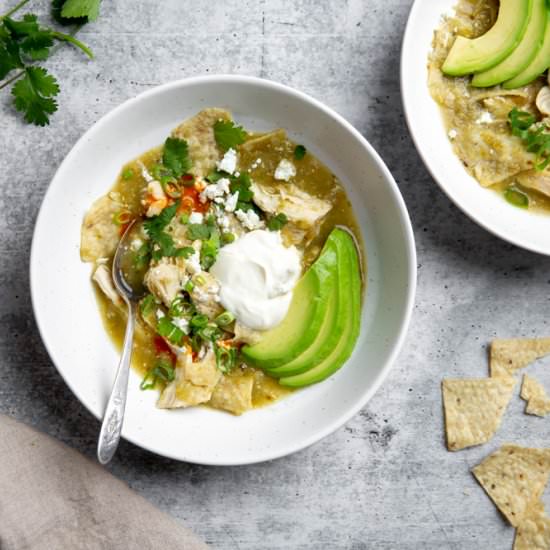 Salsa Verde Chicken Chilaquiles - Recipe photo by FromScratchFast