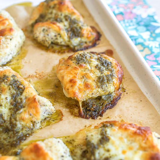 Low Carb Baked Pesto Chicken Parm - Recipe photo by simplytaralynn