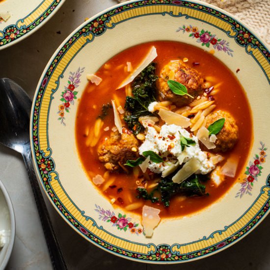 Chicken Parm Meatball Soup - Recipe photo by rhubarbandcod