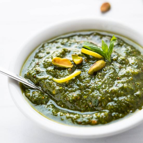 Basil Pistacho Pesto - Recipe photo by garlic and zest