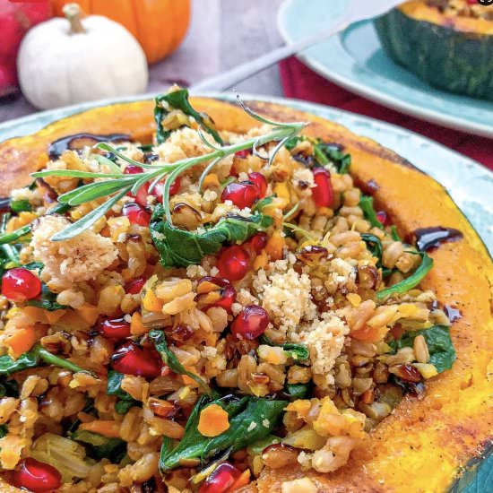 Pomegranate & Farro Stuffed Squash - Recipe photo by girlaboutgreens