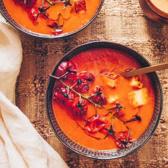 Tomato Soup With Za'atar & Halloumi - Recipe photo by A Cultivated Living