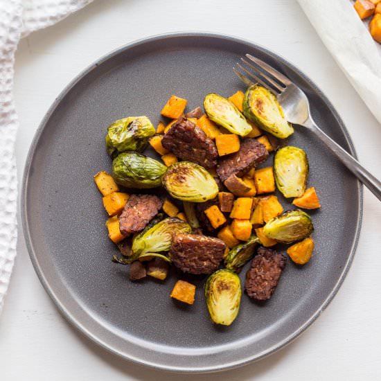 brussels tempeh sheet pan hash - Recipe photo by Wee Little Vegans