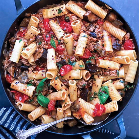 Eggplant pasta with Italian Sausage - Recipe photo by The Greek Foodie
