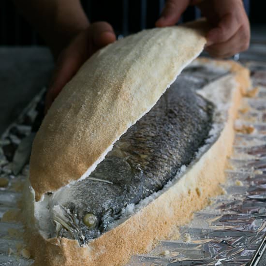 whole baked fish in salt crust - Recipe photo by between2kitchens