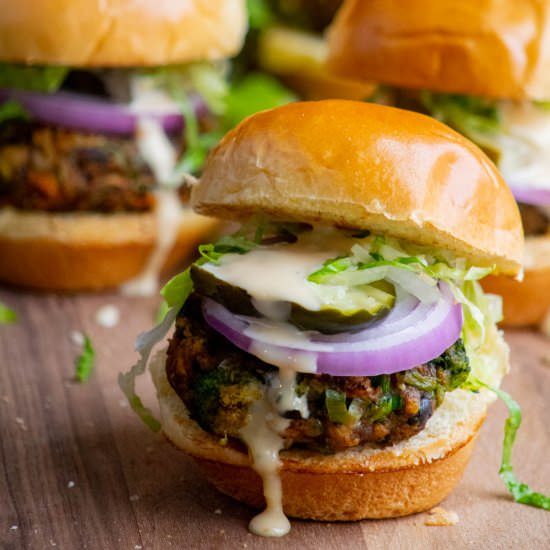 Veggie Burgers with Miso Mayo - Recipe photo by JawnsICooked