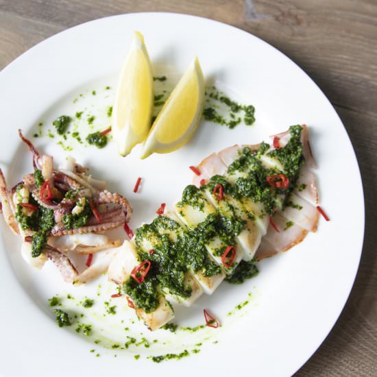 Grilled squid with cilantro pesto - Recipe photo by foodmakesmehappy