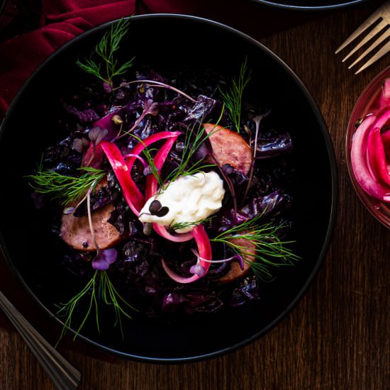 Braised Red Cabbage with Kielbasa - Recipe photo by rhubarbandcod