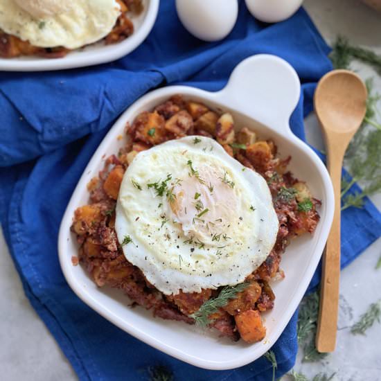 Sweet Potato Corned Beef Hash - Recipe photo by katiescucina