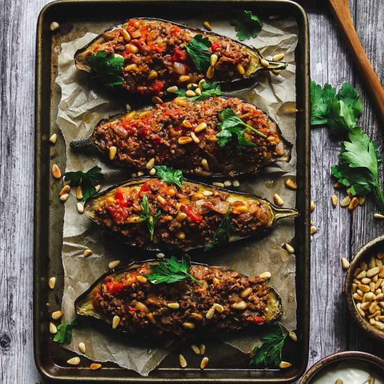 Lamb-Stuffed Roasted Eggplant - Recipe photo by allthatsjas