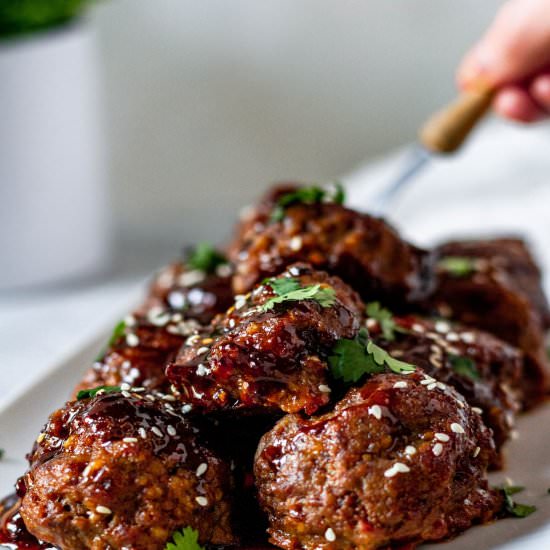Sticky Honey Sriracha Meatballs - Recipe photo by Real Food with Sarah