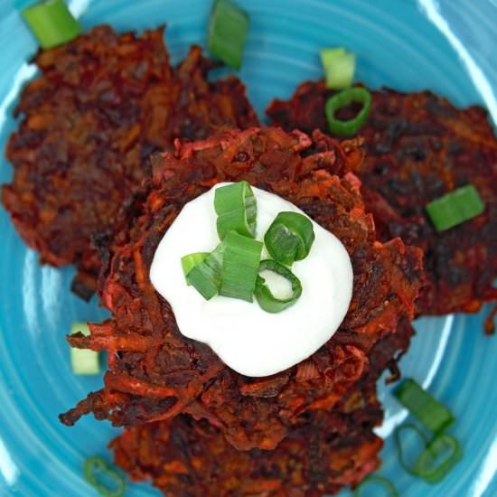 Vegan Beet and Sweet Potato Latkes - Recipe photo by JustBeetIt