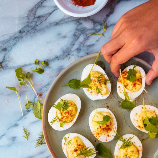 Crème Fraîche Deviled Eggs - Recipe photo by French Foodie Baby