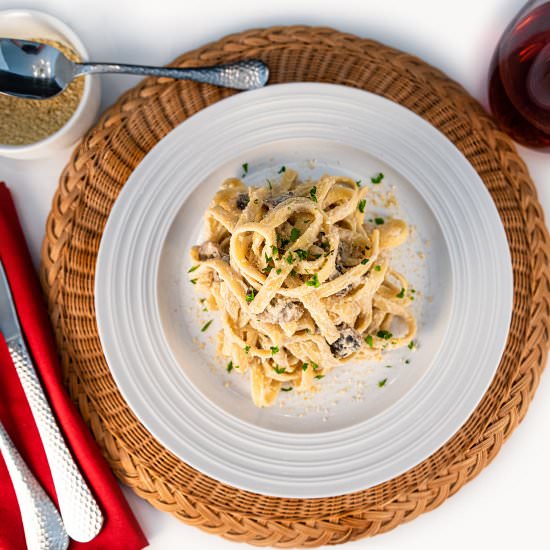 Vegan Fettuccine Mushroom Alfredo - Recipe photo by danceswithknives