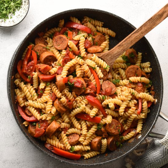 Vegan Sausage Pasta Skillet - Recipe photo by TheHomeBakedVegan