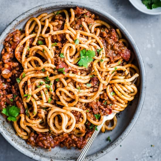 Vegan Red Lentil Bolognese - Recipe photo by rainbowplantlife