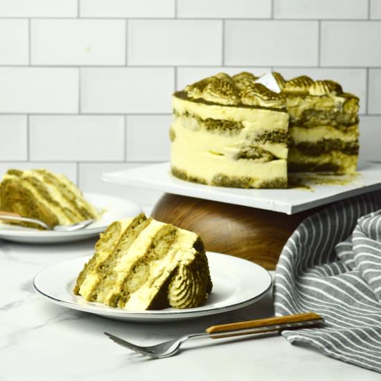 Eggless Hojicha Tiramisu Cake - Recipe photo by Jaja Bakes
