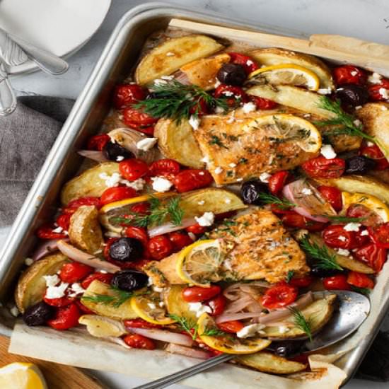 Greek Sheet Pan Cod Dinner - Recipe photo by deliciouslymediterranean