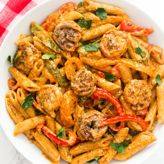 Rasta Pasta with Jerk Shrimp Recipe - Recipe photo by Simshomekitchen