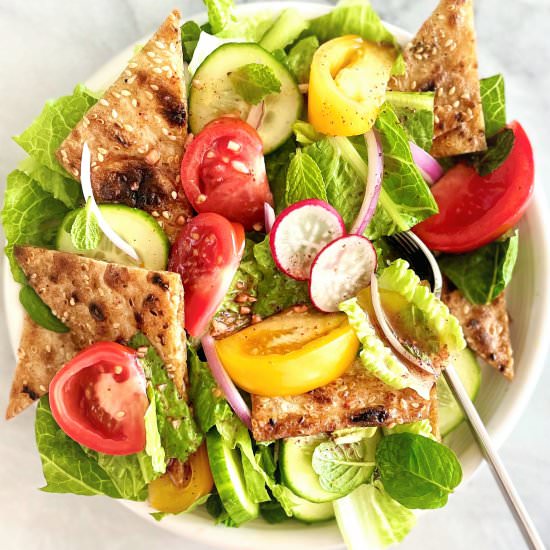 fattoush with heirloom tomatoes - Recipe photo by Jackie Newgent