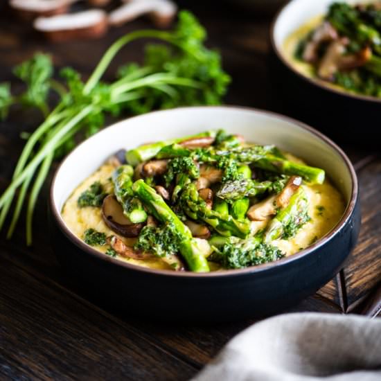 Cheesy Polenta with Spring Vegetabl - Recipe photo by dudethatcookz