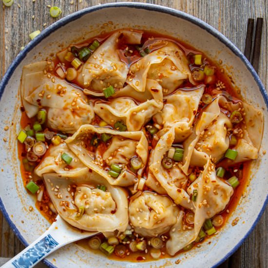 Vegan Wontons in Red Chile oil - Recipe photo by WoonHeng