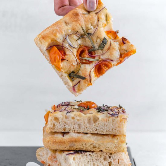 No knead Italian Focaccia - Recipe photo by theplantbasedschool