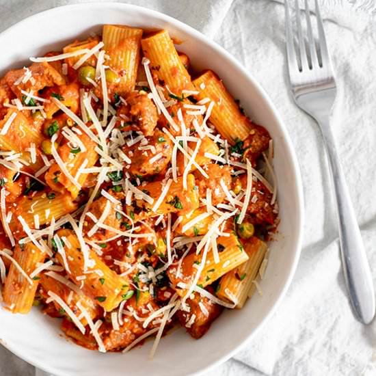 Rigatoni with Sausage and Peas - Recipe photo by thebakersalmanac