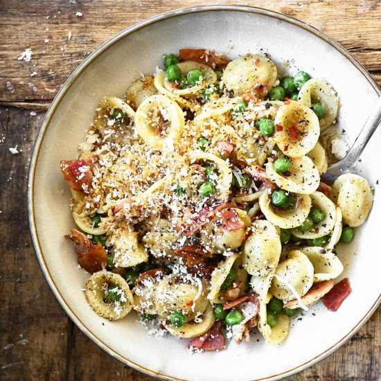 Orecchiette with Pancetta and Peas - Recipe photo by servingdumplings