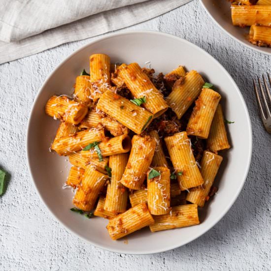 Pork and Beef Rigatoni Bolognese - Recipe photo by cooking.with.carbs